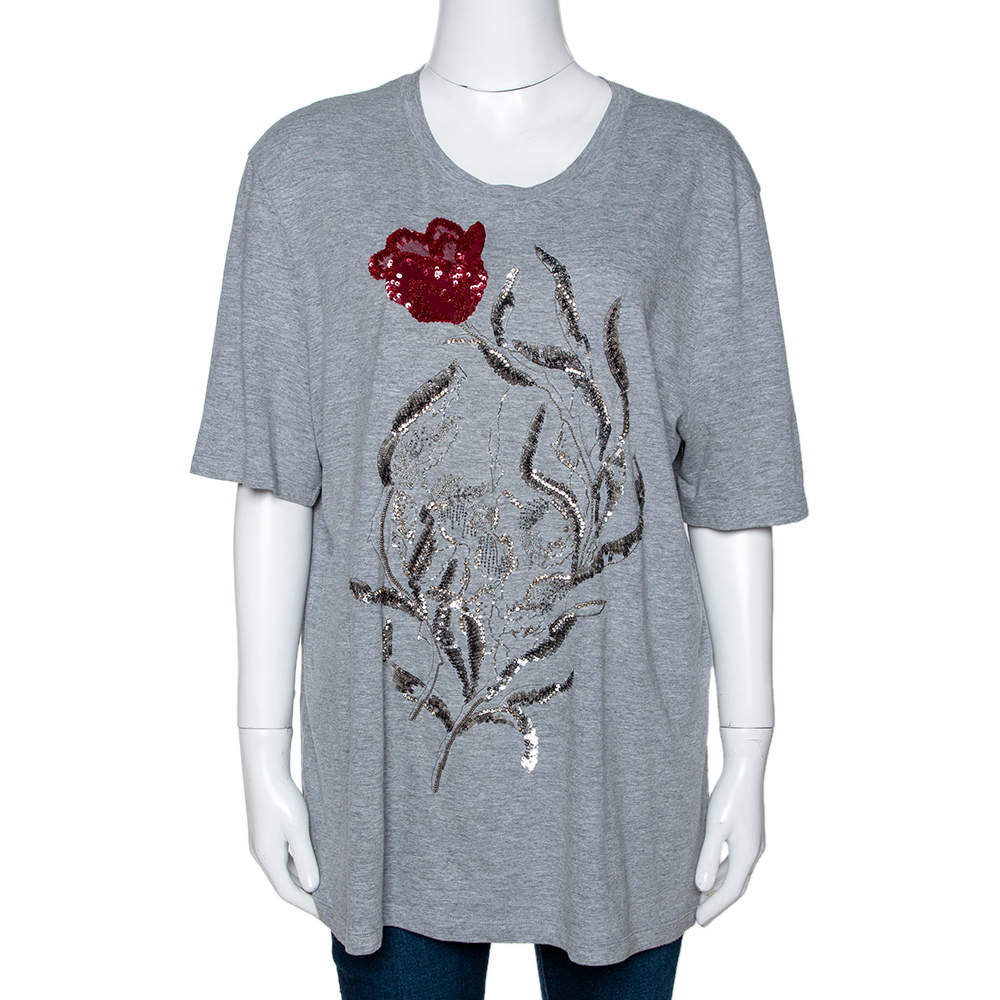 Pre Owned Alexander McQueen Grey Cotton Floral Sequin Embellished T Shirt M