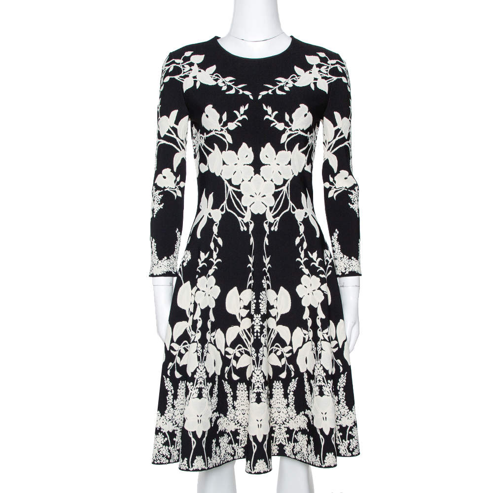 Pre Owned Alexander McQueen Monochrome Floral Jacquard Knit Skater Dress M