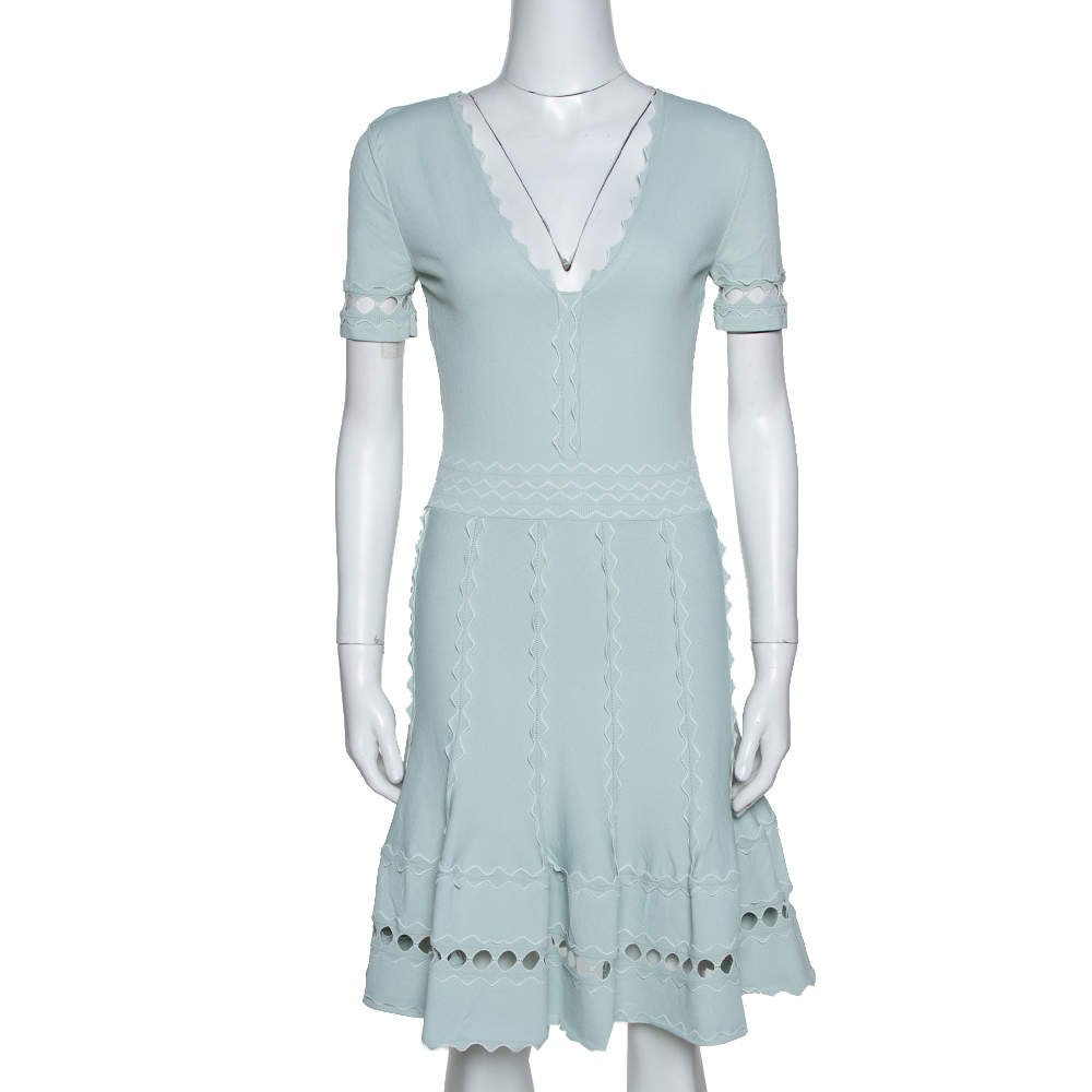 Pre Owned Alexander McQueen Egg Blue Knit Flute Sleeve Mini Dress M