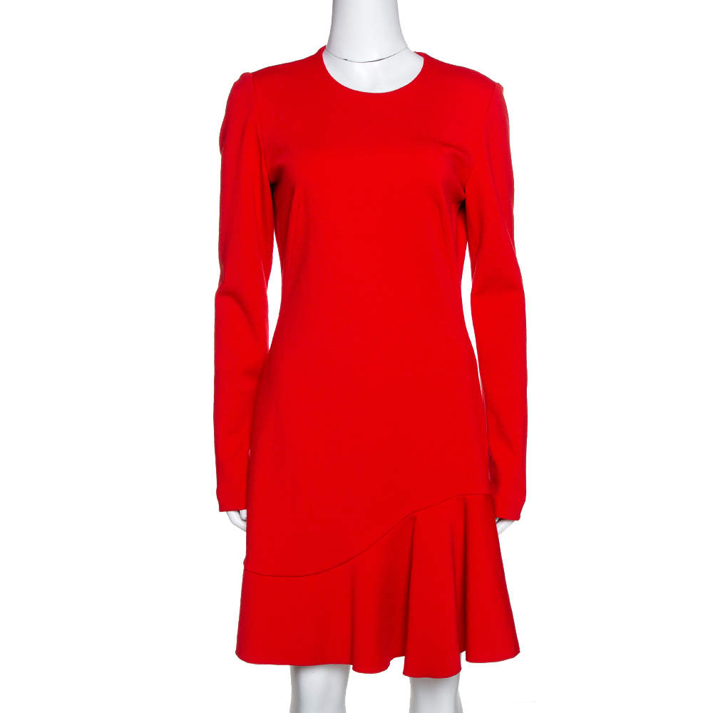 Pre Owned Alexander McQueen Red Wool Jersey Long Sleeve Flared Dress M 