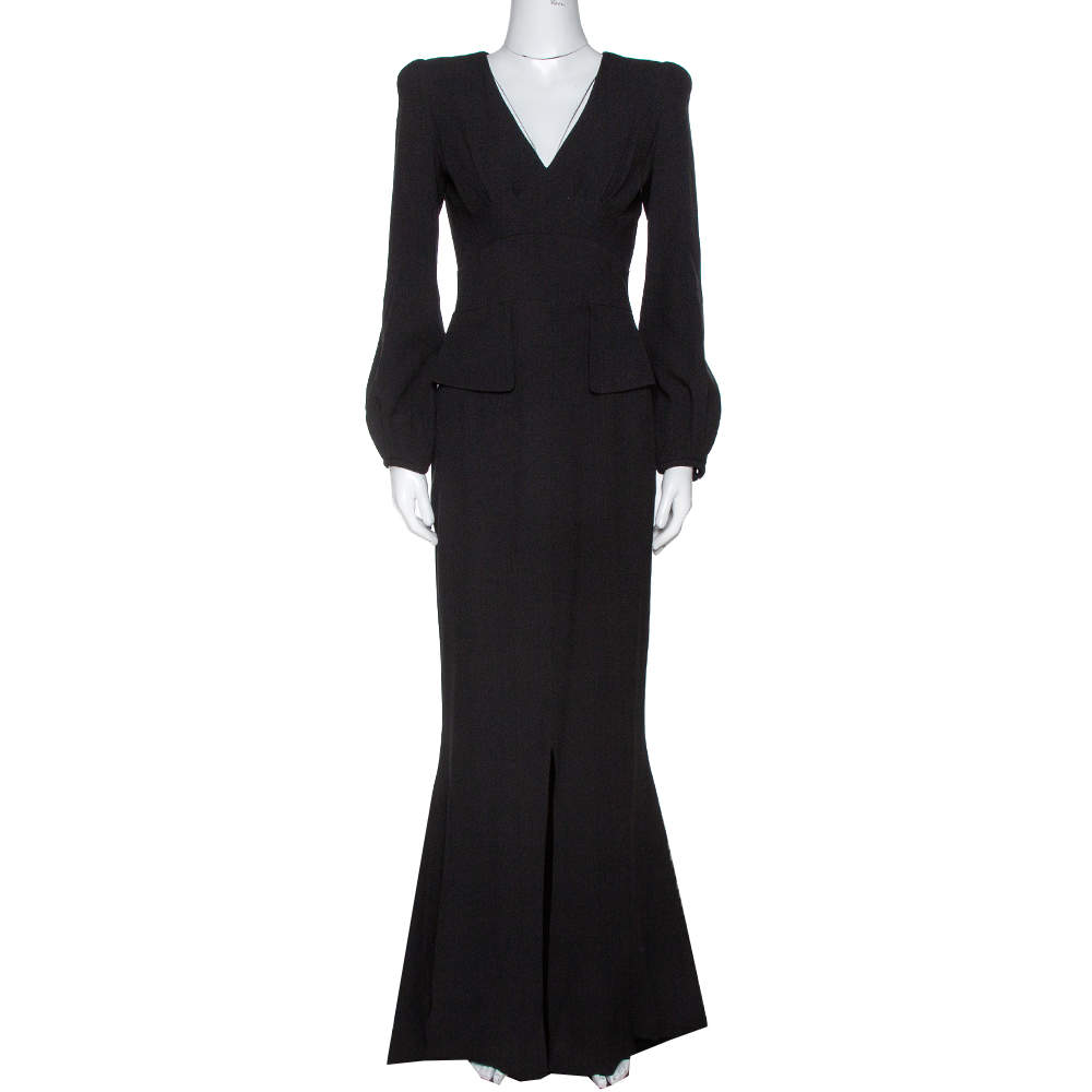 Pre Owned Alexander McQueen Black Silk Long Sleeve Peplum Gown S