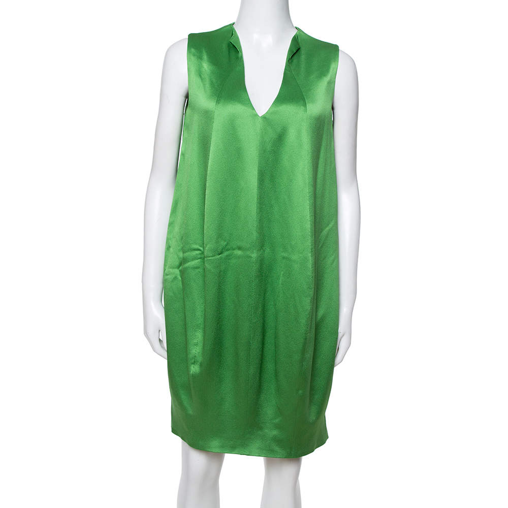 Pre Owned Alexander McQueen Green Silk Satin Sleeveless Shift Dress M