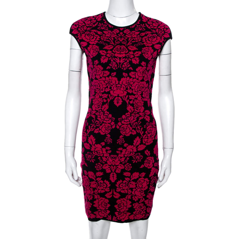 Pre Owned Alexander McQueen Pink & Black Floral Jacquard Bodycon Dress M