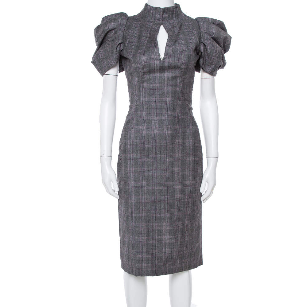 فستان أليكساندر ماكوين أكمام بطيات صوف مربعات رصاصي مقاس صغير (سمول)