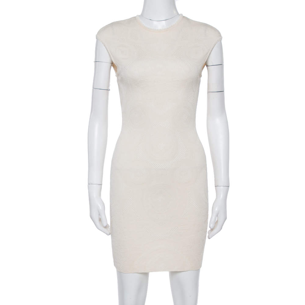 Pre Owned Alexander McQueen Cream Jacquard Knit Fitted Dress S