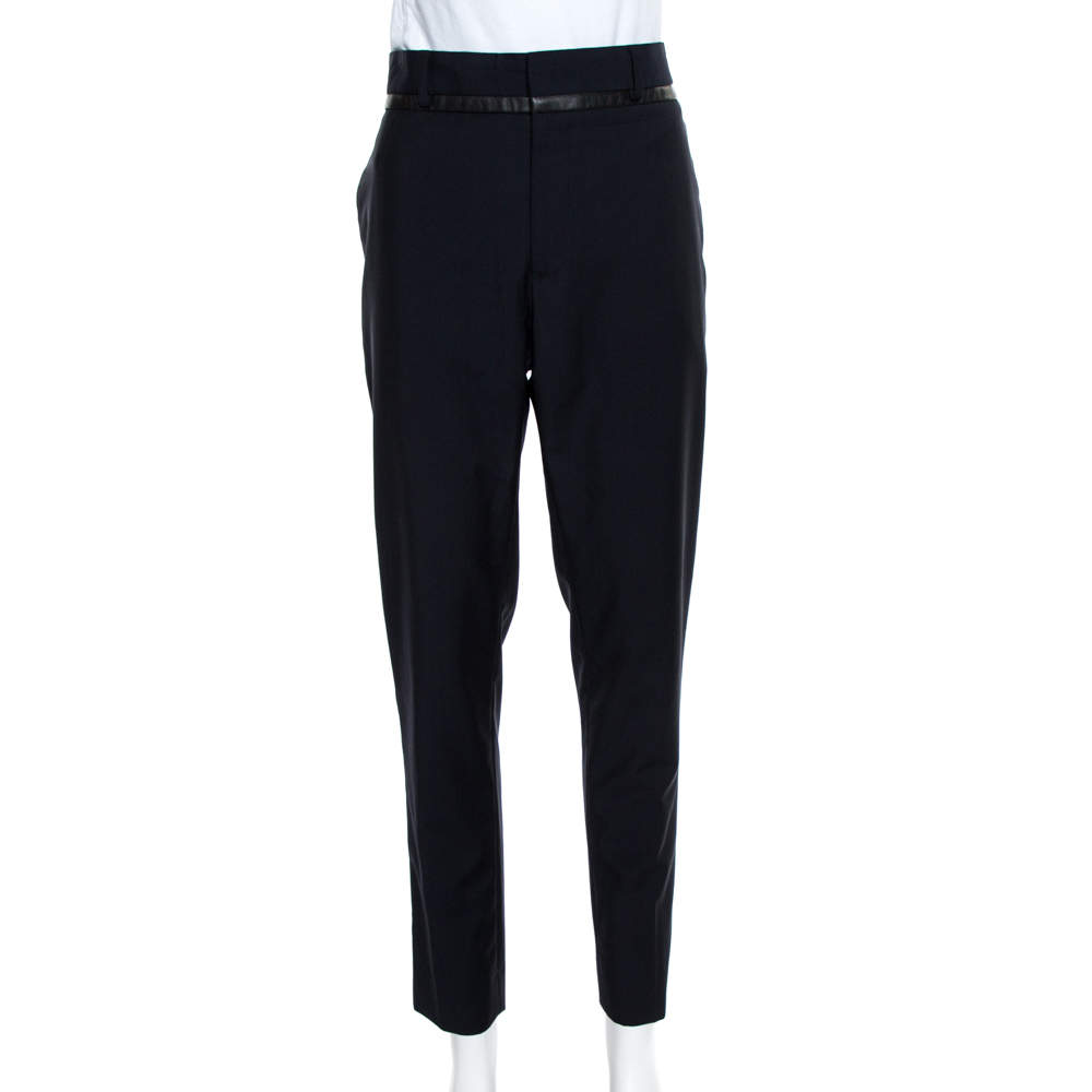 Pre Owned McQ by Alexander McQueen Navy Blue Wool Leather trim Detail Straight Leg Trousers XL
