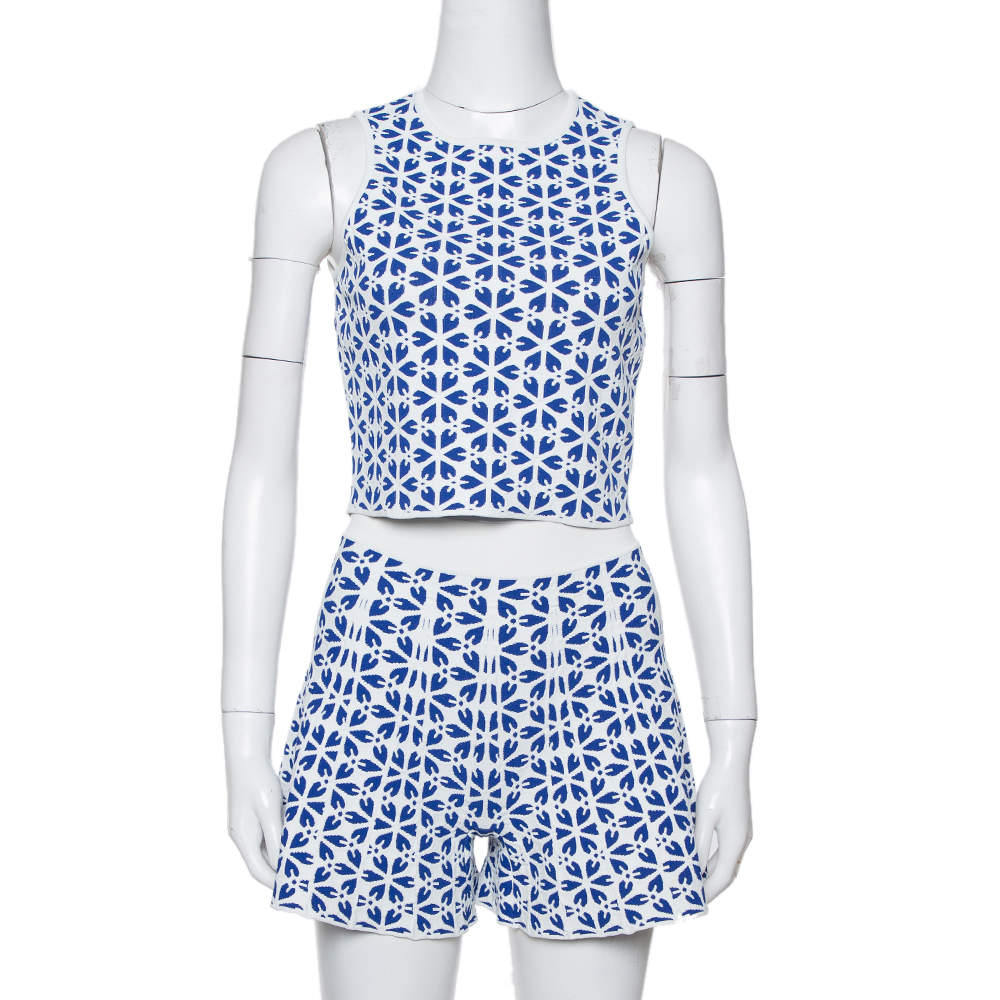 Alexander McQueen White & Navy Blue Embossed Floral Jacquard Crop Top and Short Set S