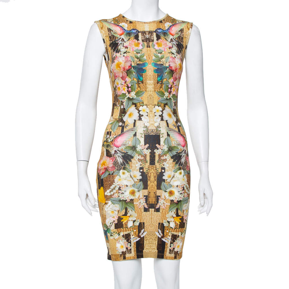 Pre Owned Alexander McQueen Multicolor Dragonfly Printed Knit Sleeveless Sheath Dress S