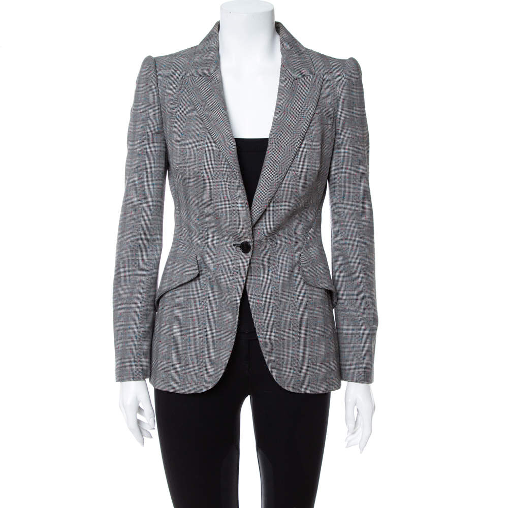 Pre Owned Alexander McQueen Grey Wool Prince of Wales Check Patterned Blazer S