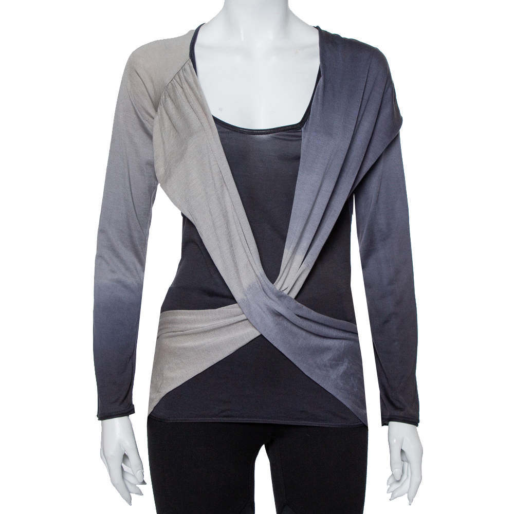 Pre Owned Alexander McQueen Grey Cotton & Silk Knit Draped Detail T-Shirt L