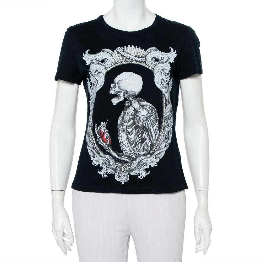 Pre Owned Alexander McQueen Midnight Blue Skeleton Printed Cotton Crewneck T-Shirt S