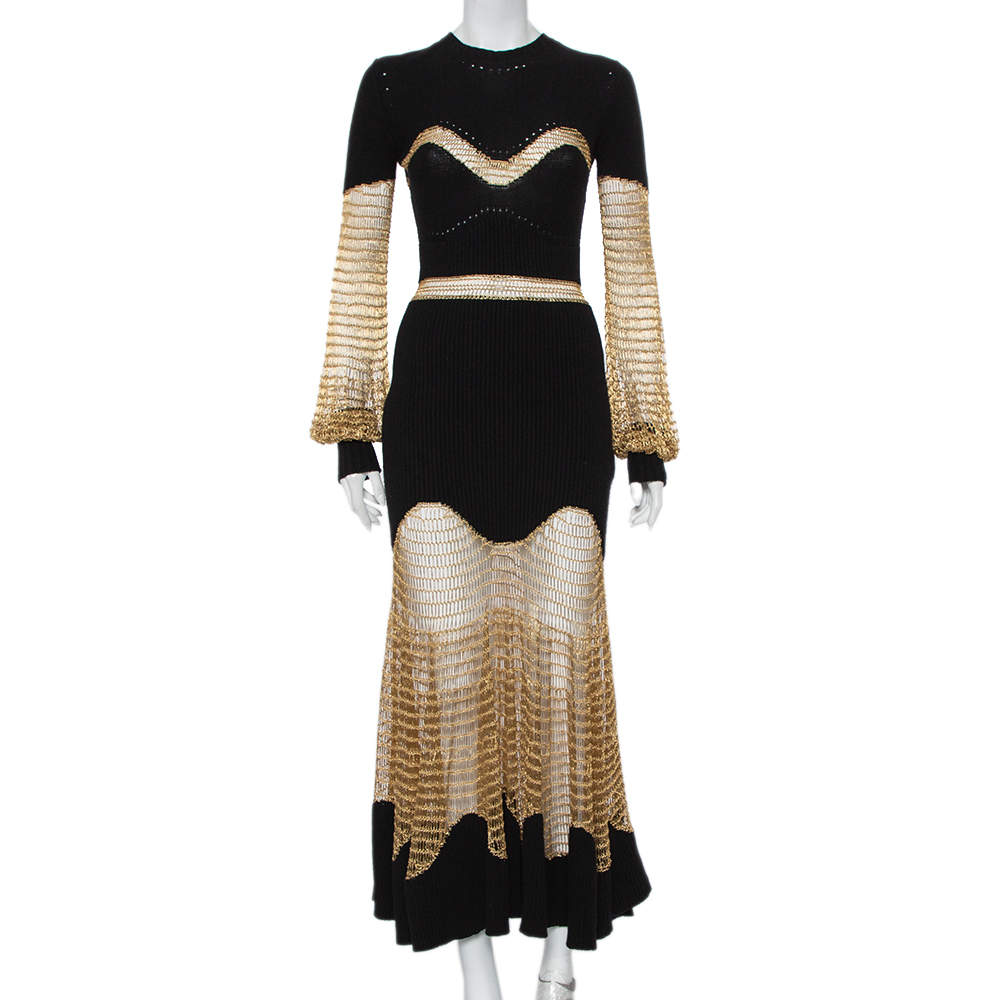 مملوكة مسبقًا Alexander McQueen Black Knit & Lurex Mesh Maxi Dress M