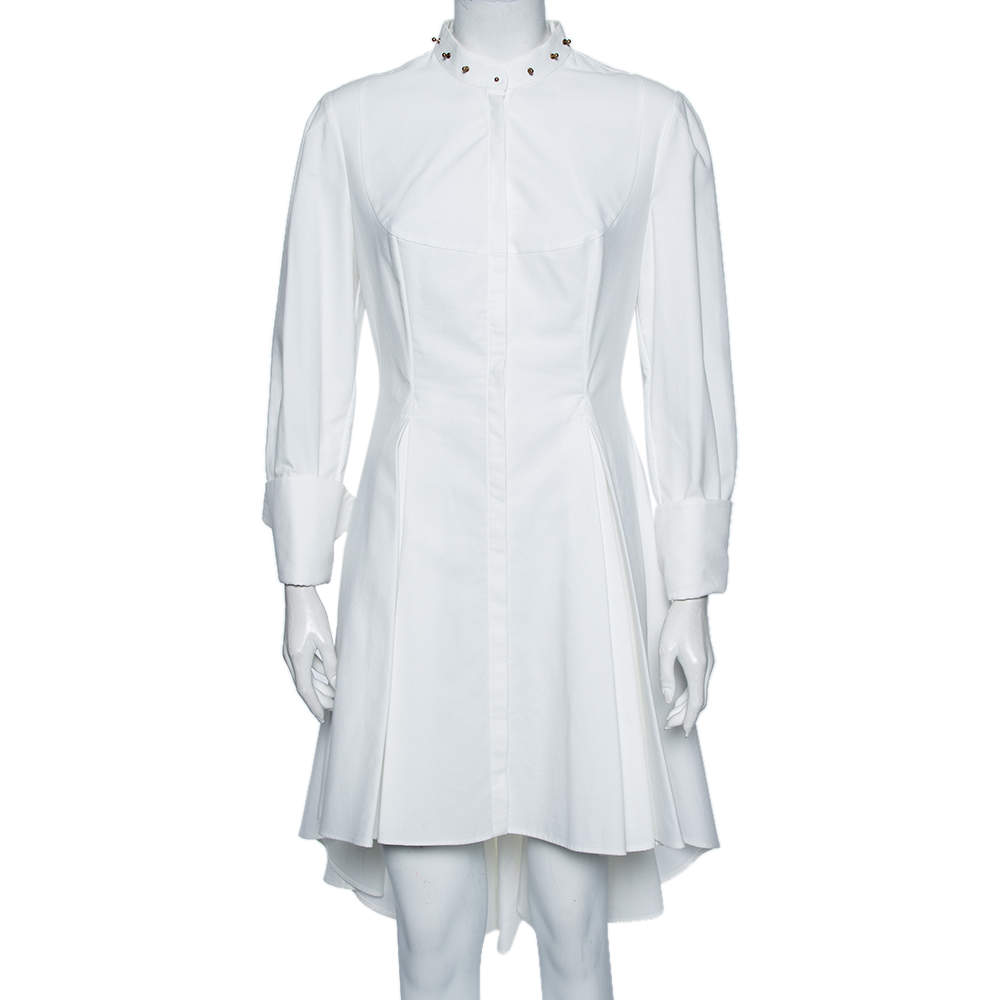 مملوكة مسبقًا Alexander McQueen White Textured Cotton Asymmetric Hem Tuxedo Dress M