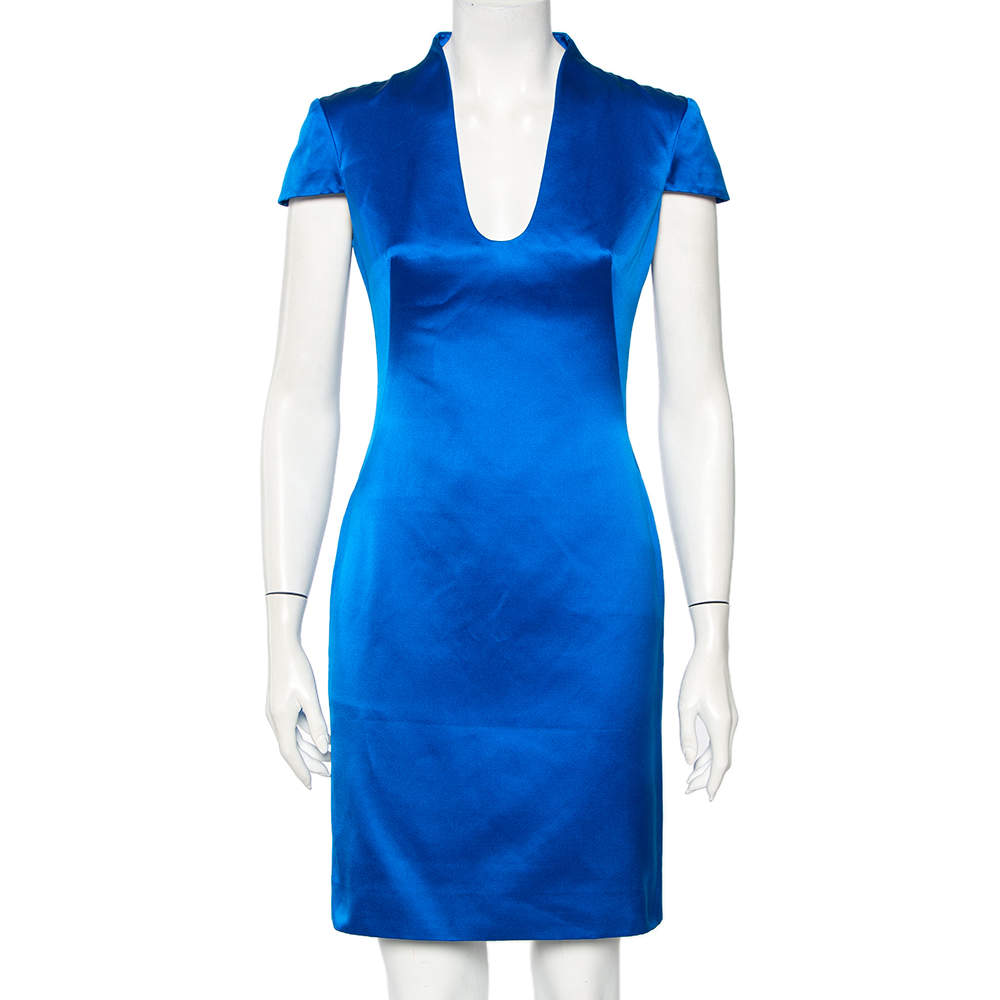 Pre Owned Alexander McQueen Blue Silk Satin Pencil Dress S