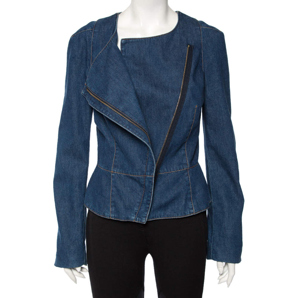 Pre Owned جاكيت أليكساندر ماكوين دينم أزرق بسحاب خط مائل مقاس متوسط - ميديوم 