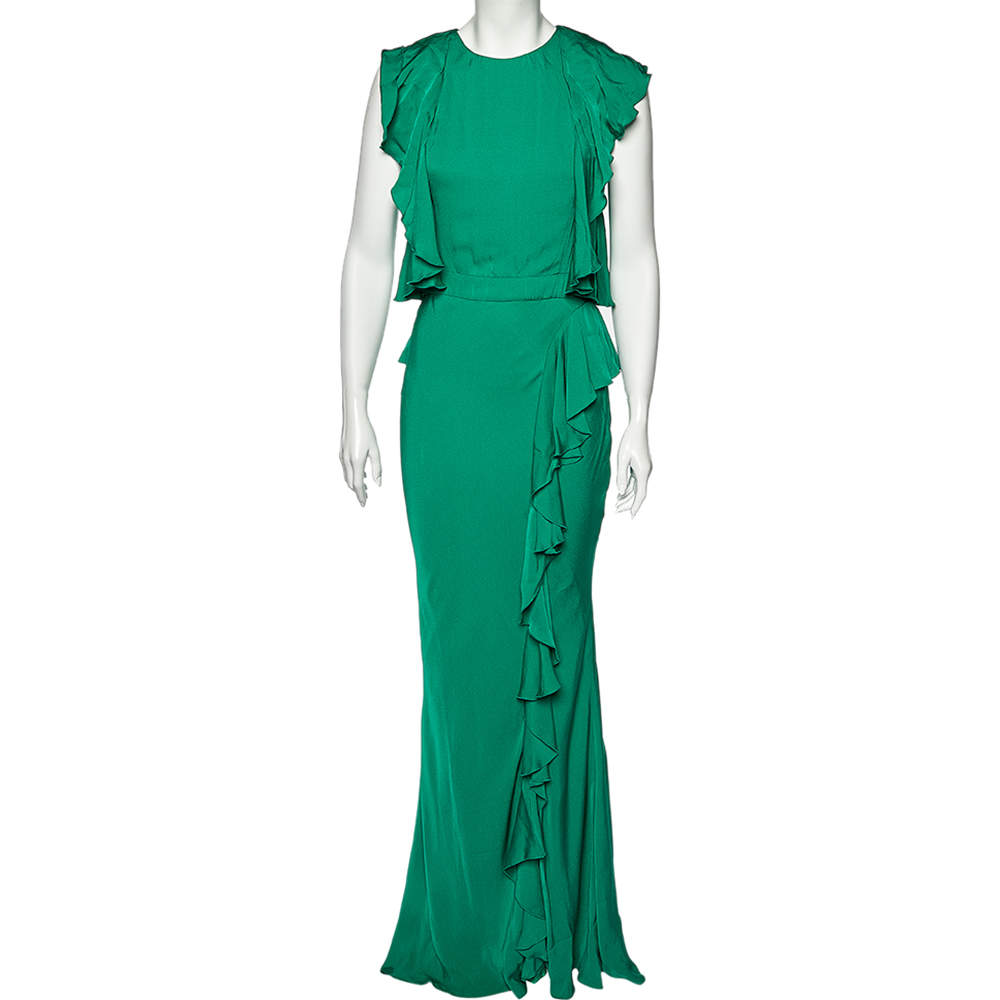 Alexander McQueen Green Crepe Ruffled Sleeveless Gown S