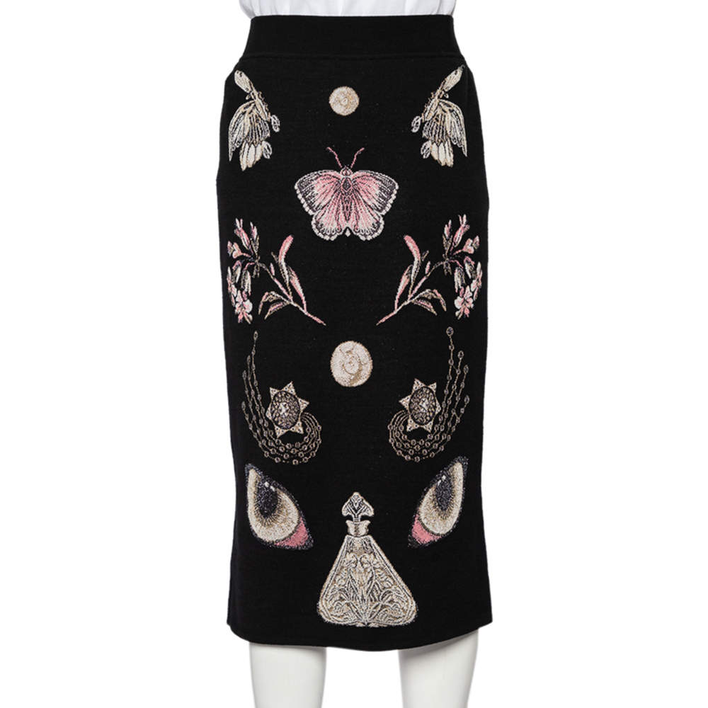 Pre Owned Alexander McQueen Black Obsession Intarsia Knit Pencil Skirt M