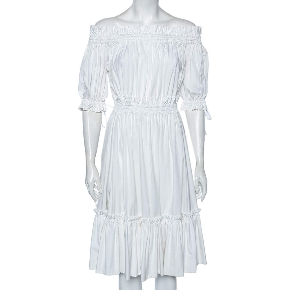 Pre Owned Alexander McQueen White Cotton Ruched Tiered Off Shoulder Midi Dress M