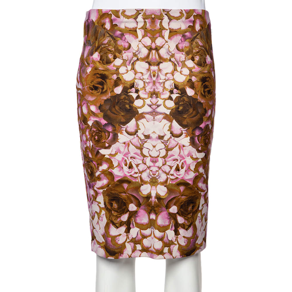 Pre Owned Alexander McQueen Multicolor Rose Petal Printed Knit Skirt XL