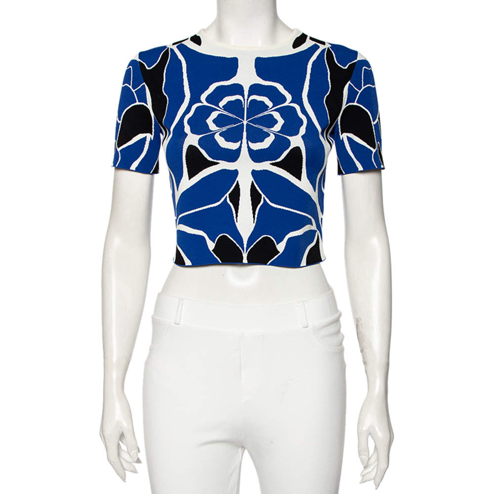 مملوكة مسبقًا Alexander McQueen Blue Floral Intarsia Knit Top S