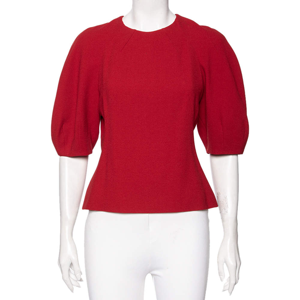 Pre Owned Alexander McQueen Red Wool Pleated Neck Detail Top M