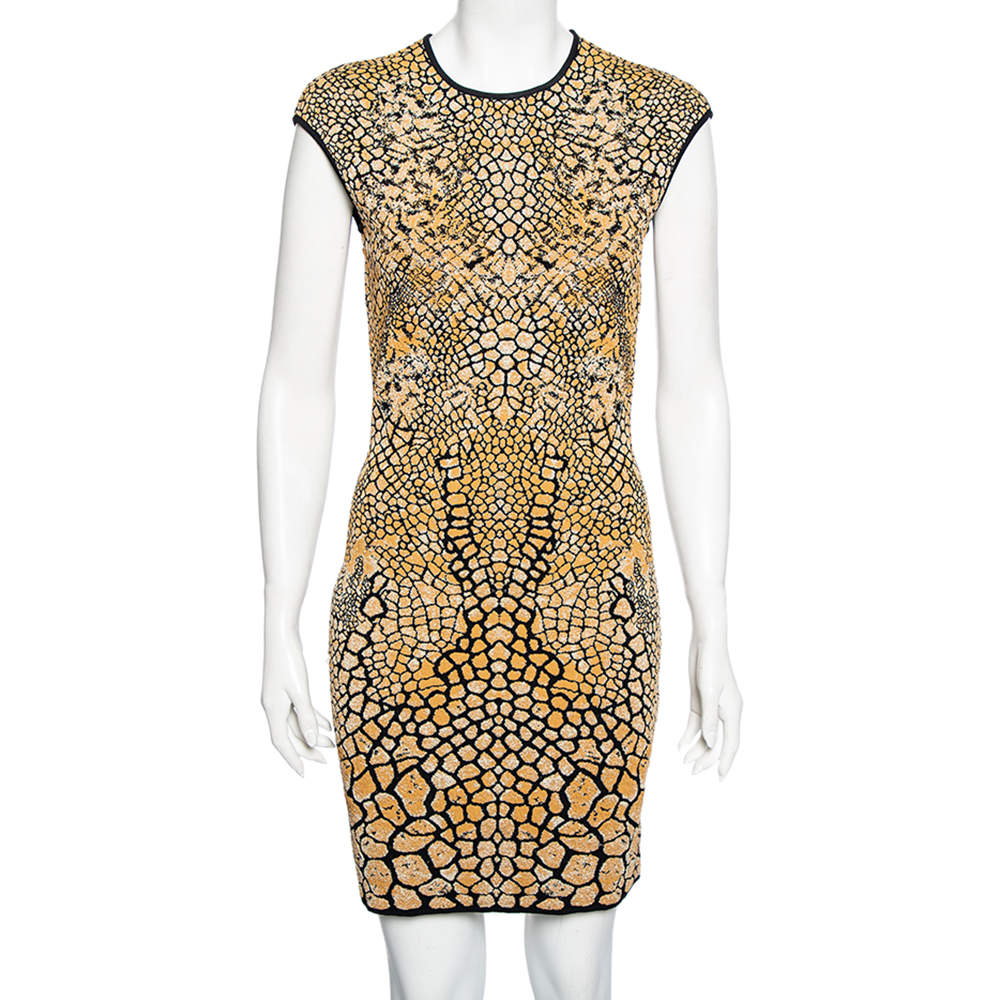Pre Owned Alexander McQueen Brown Patterned Lurex Knit Bodycon Dress L
