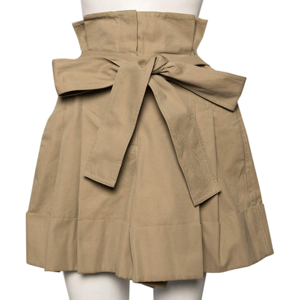 Pre Owned Alexander McQueen Beige Cotton Paper Bag Waisted High Rise Shorts XS