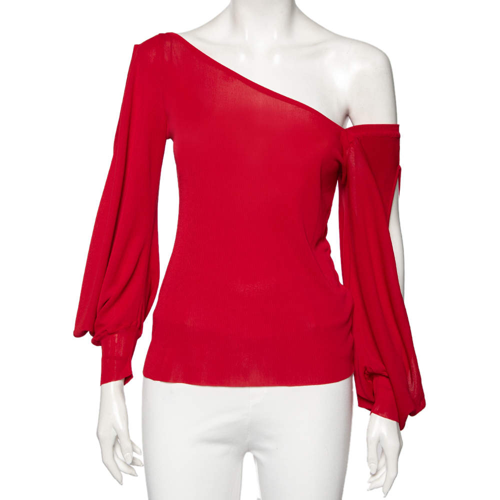 مملوكة مسبقًا Alexander McQueen Red Knit Asymmetric Neck Detailed Top M