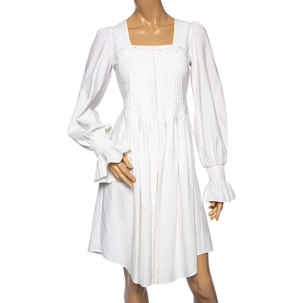 Pre Owned Alexander McQueen White Textured Cotton Pleated Shirt Dress S