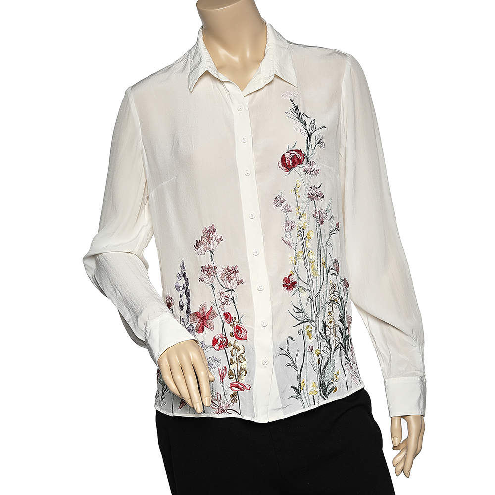Pre Owned Alexander McQueen Cream Floral Embroidered Silk Shirt M