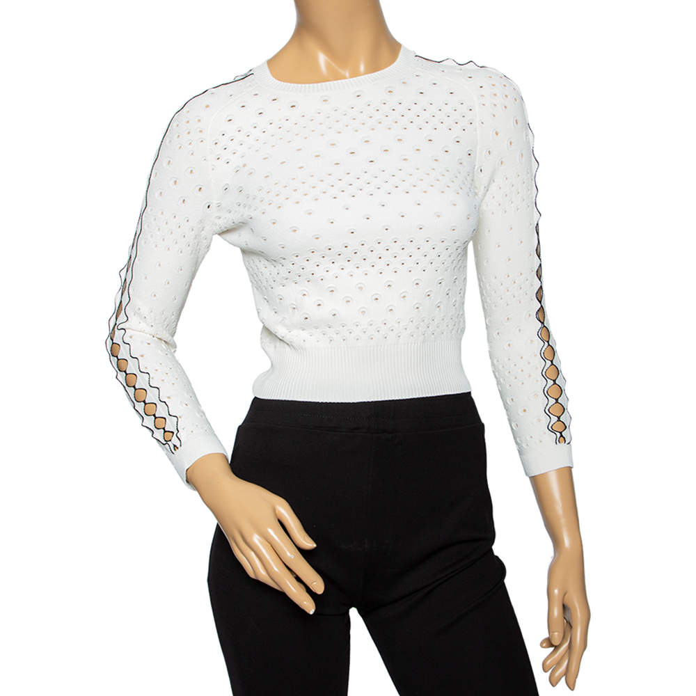 Pre Owned Alexander McQueen White Eyelet Knit Long Sleeve Sweater XS