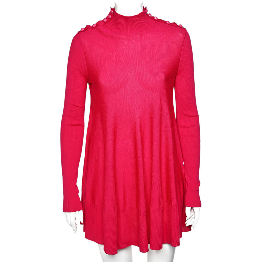 Pre Owned Alexander McQueen Magenta Wool Button Detail Turtleneck Flared Mini Dress L