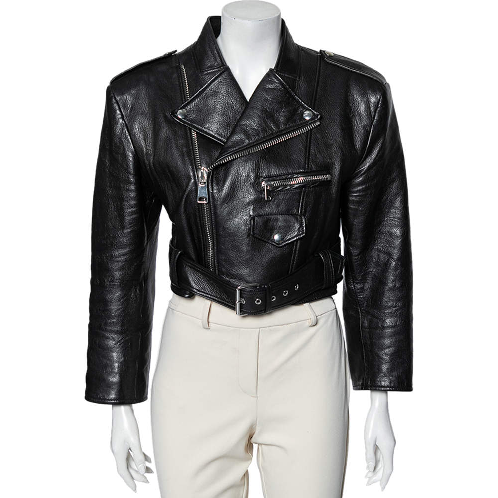 Alexander McQueen Black Leather Belted Zip Front Cropped Jacket L