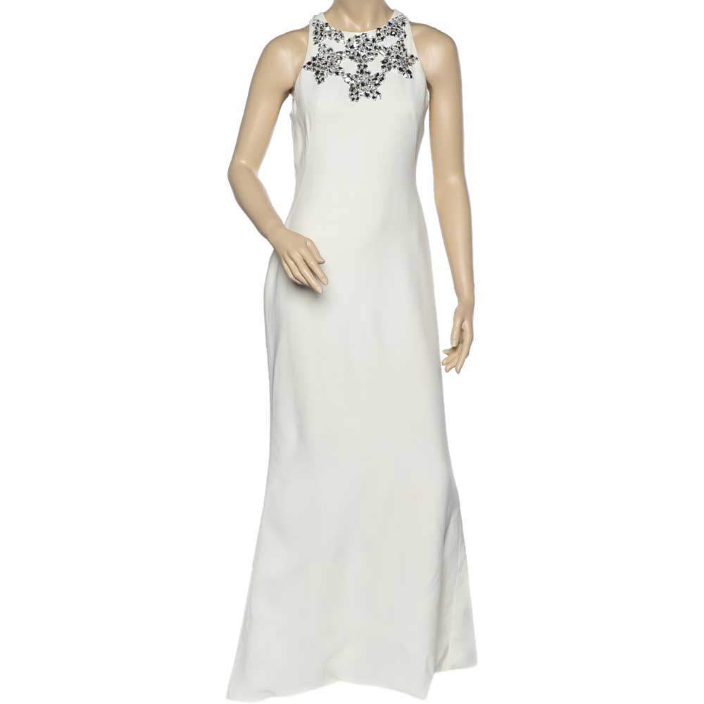 Pre Owned Alexander McQueen Cream Crepe Embellished Neck Detail Sleeveless Gown M