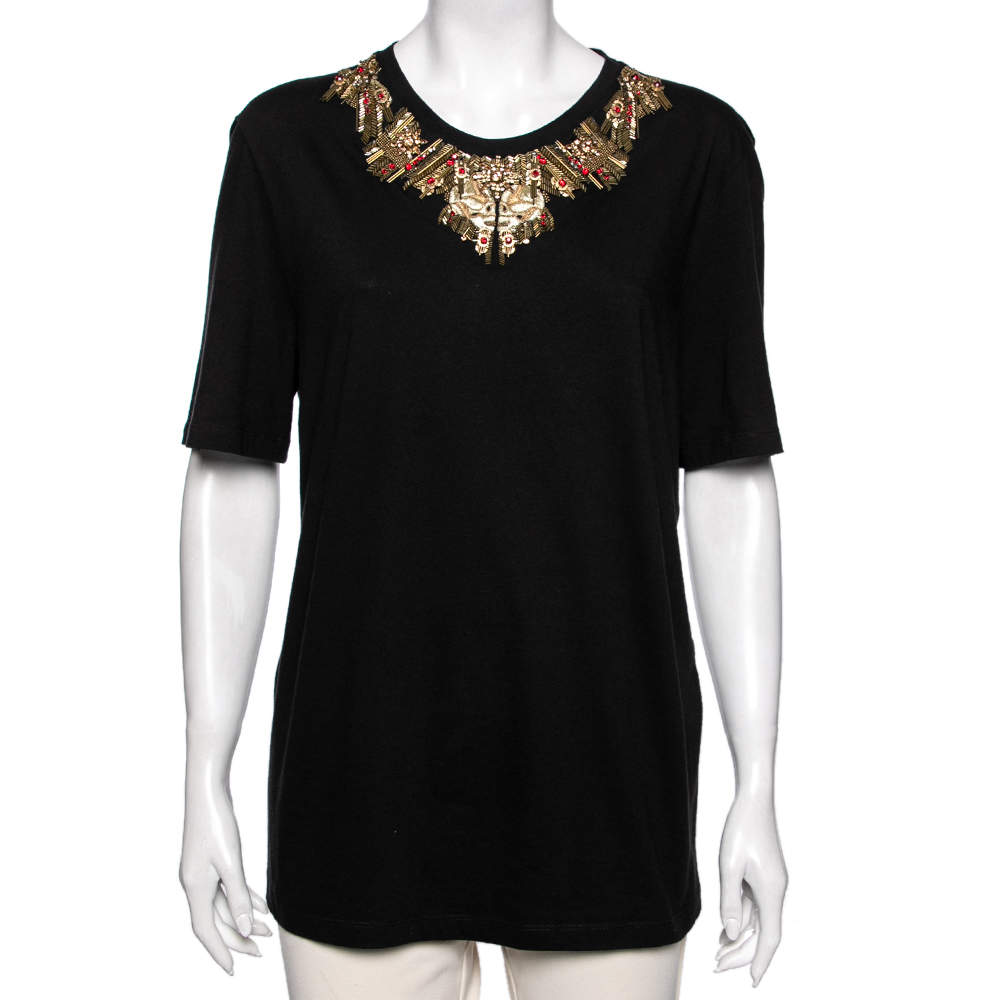 Pre Owned Alexander McQueen Black Gold Glory Embellished Cotton Top M