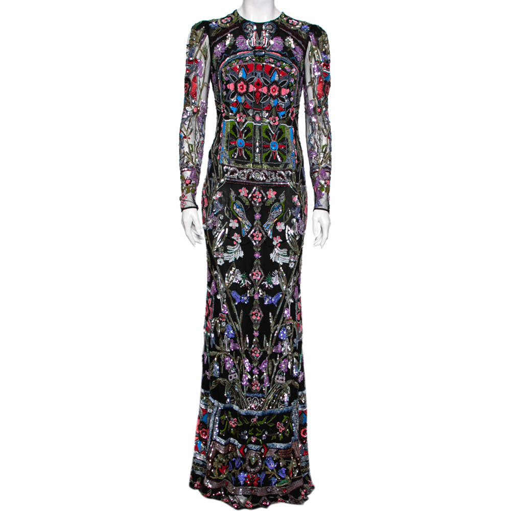 مملوكة مسبقًا Alexander McQueen Black Sequin Embellished Tulle Evening Gown M