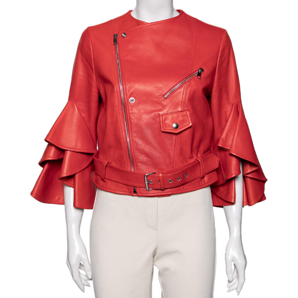 مملوكة مسبقًا Alexander McQueen Red Leather Ruffled Sleeve Zip Front Jacket M