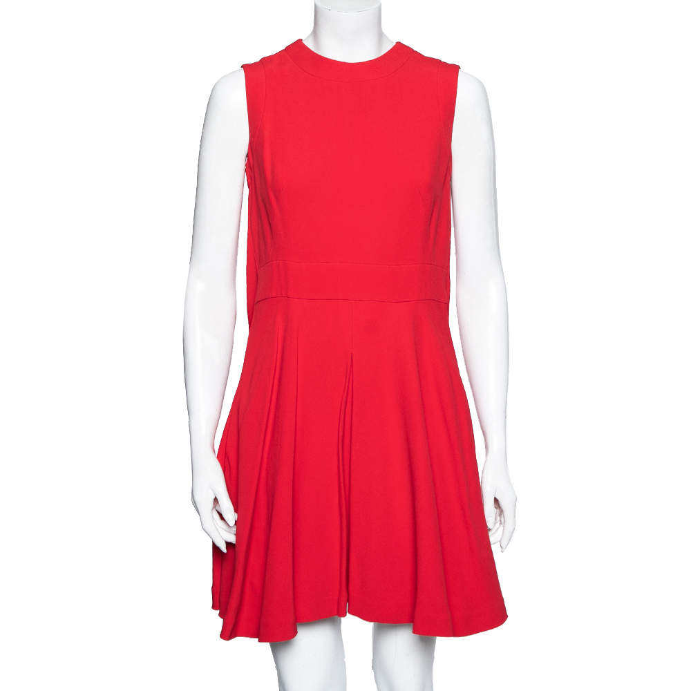 Pre Owned Alexander McQueen Red Crepe Pleated Sleeveless Dress M