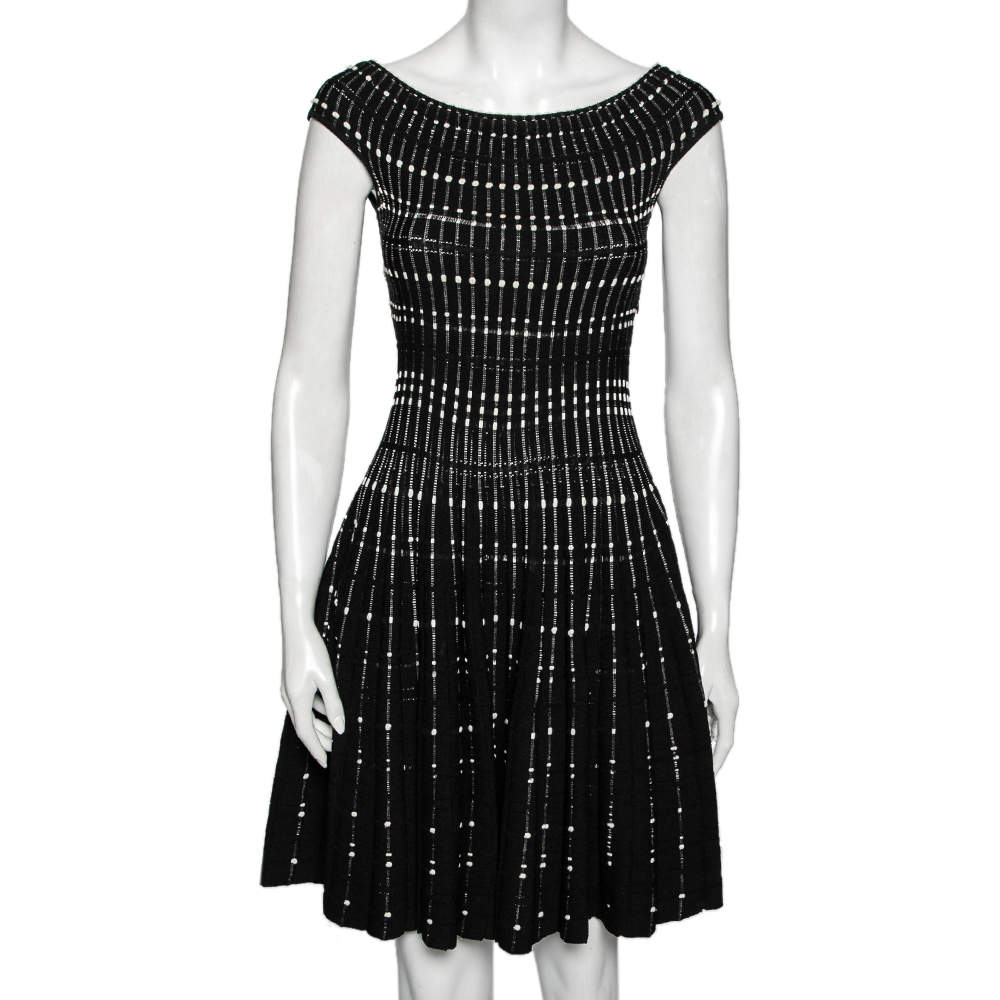 Pre Owned Alexander McQueen Black Embroidered Knit Boat Neck Flared Dress M