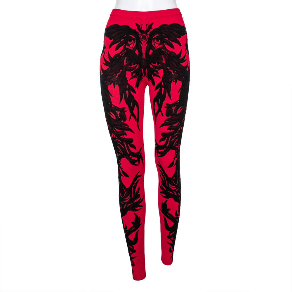 Pre Owned Alexander McQueen Red Knit & Spine Lace Jacquard Leggings XS