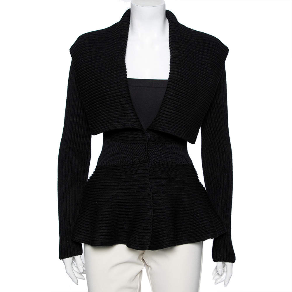 Pre Owned Alexander McQueen Black Wool Long Sleeves Flared Hem Cardigan XS