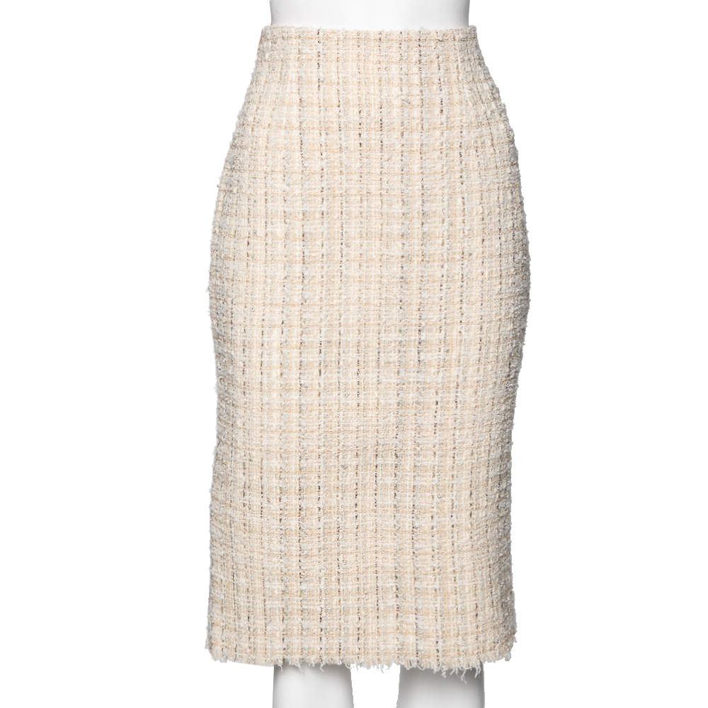 Pre Owned Alexander McQueen Cream Tweed Knee Length Skirt M