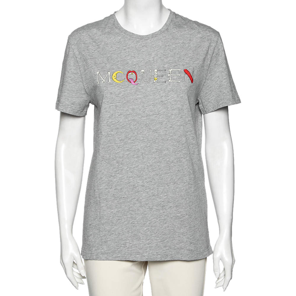 Pre Owned Alexander McQueen Grey Cotton Graphic Printed Crew Neck Short Sleeve Top S