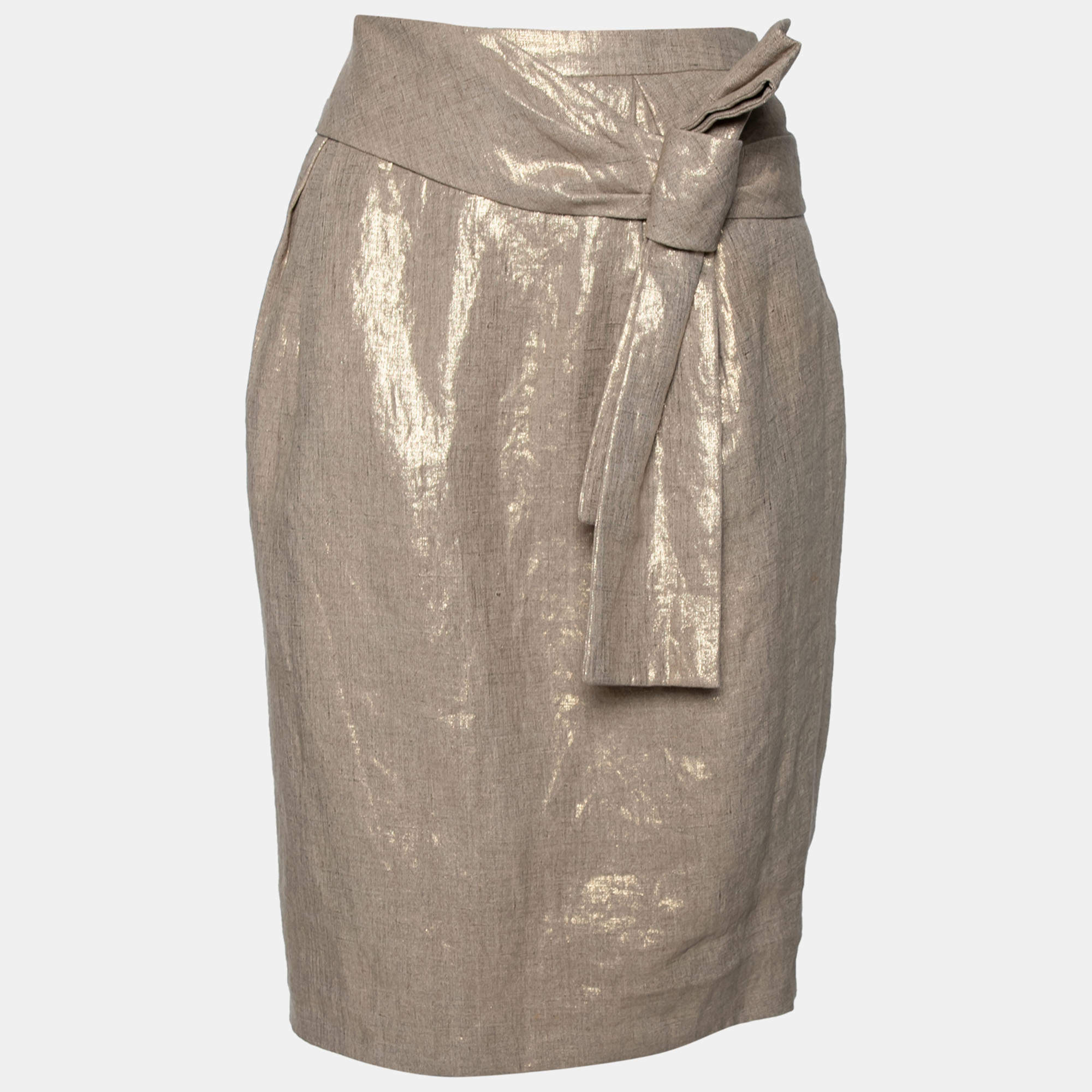 Pre Owned Alexander McQueen Gold Linen Bow Detail Pencil Skirt M