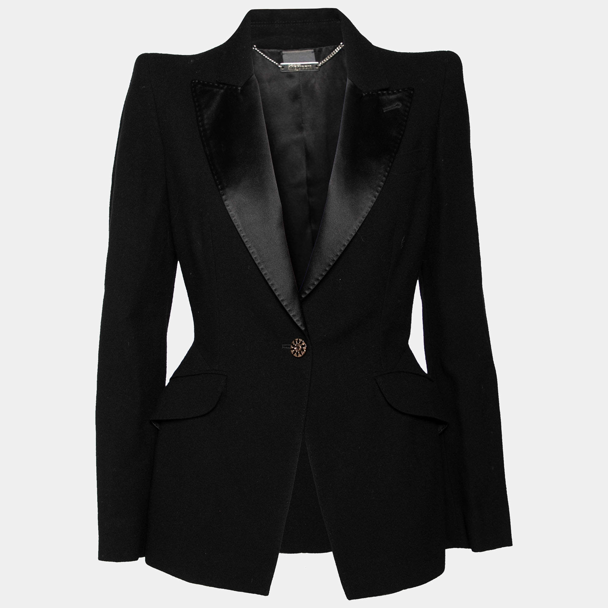 Pre Owned Alexander McQueen Black Wool & Satin Lapel Detail Single Breasted Blazer M