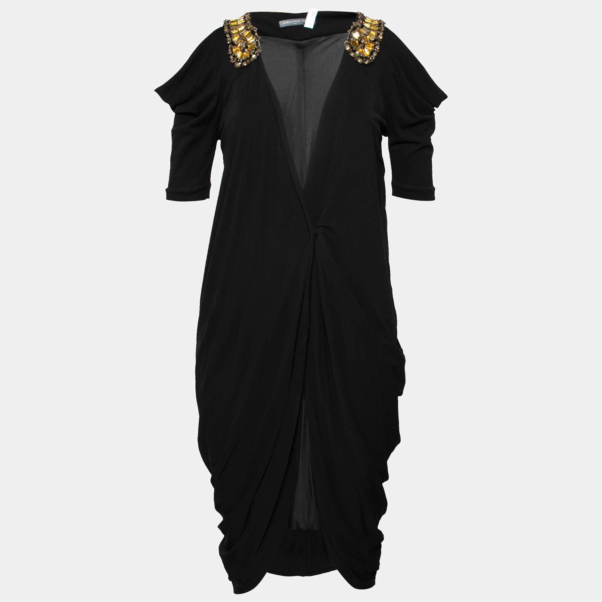 Pre Owned Alexander McQueen Black Jersey Embellished Detailed Draped Dress M