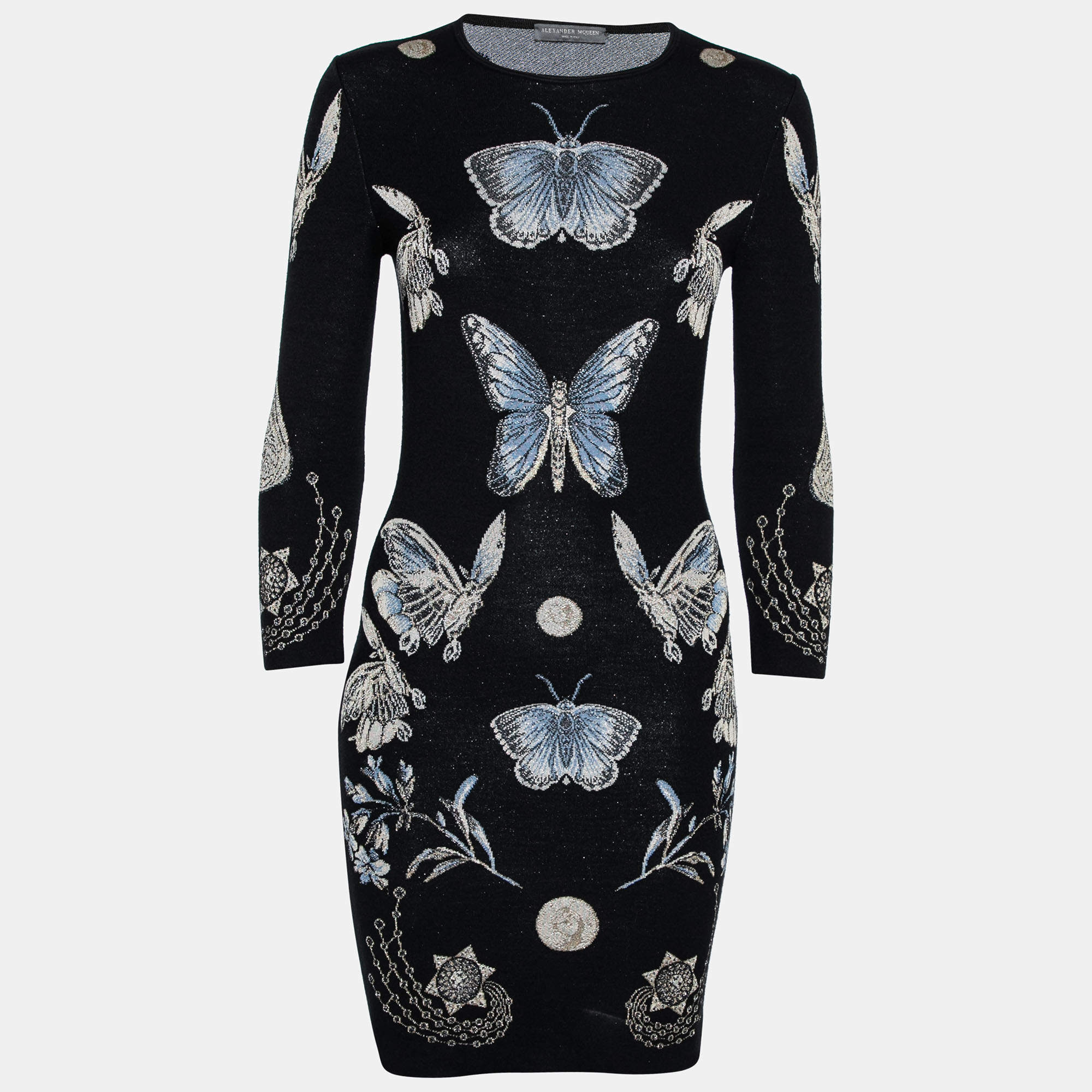 Pre Owned Alexander McQueen Black Jacquard Lurex Knit Round Neck Dress M