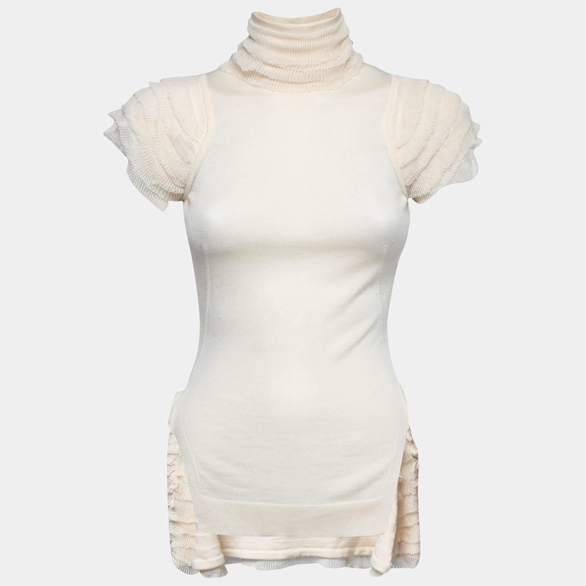 Pre Owned Alexander McQueen Cream Ruffle Detailed Turtle Neck Top S