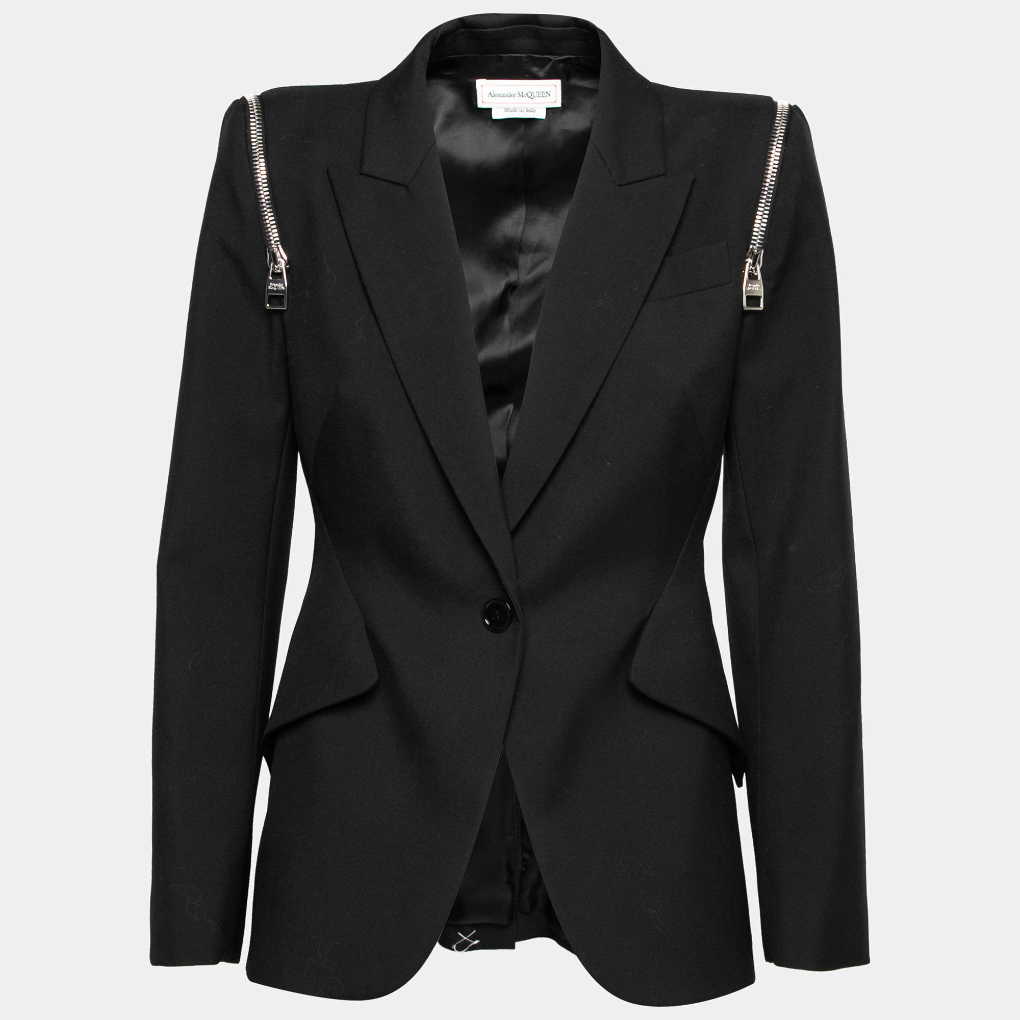 Pre Owned Alexander McQueen Black Wool Zip Detail Single Breasted Blazer M