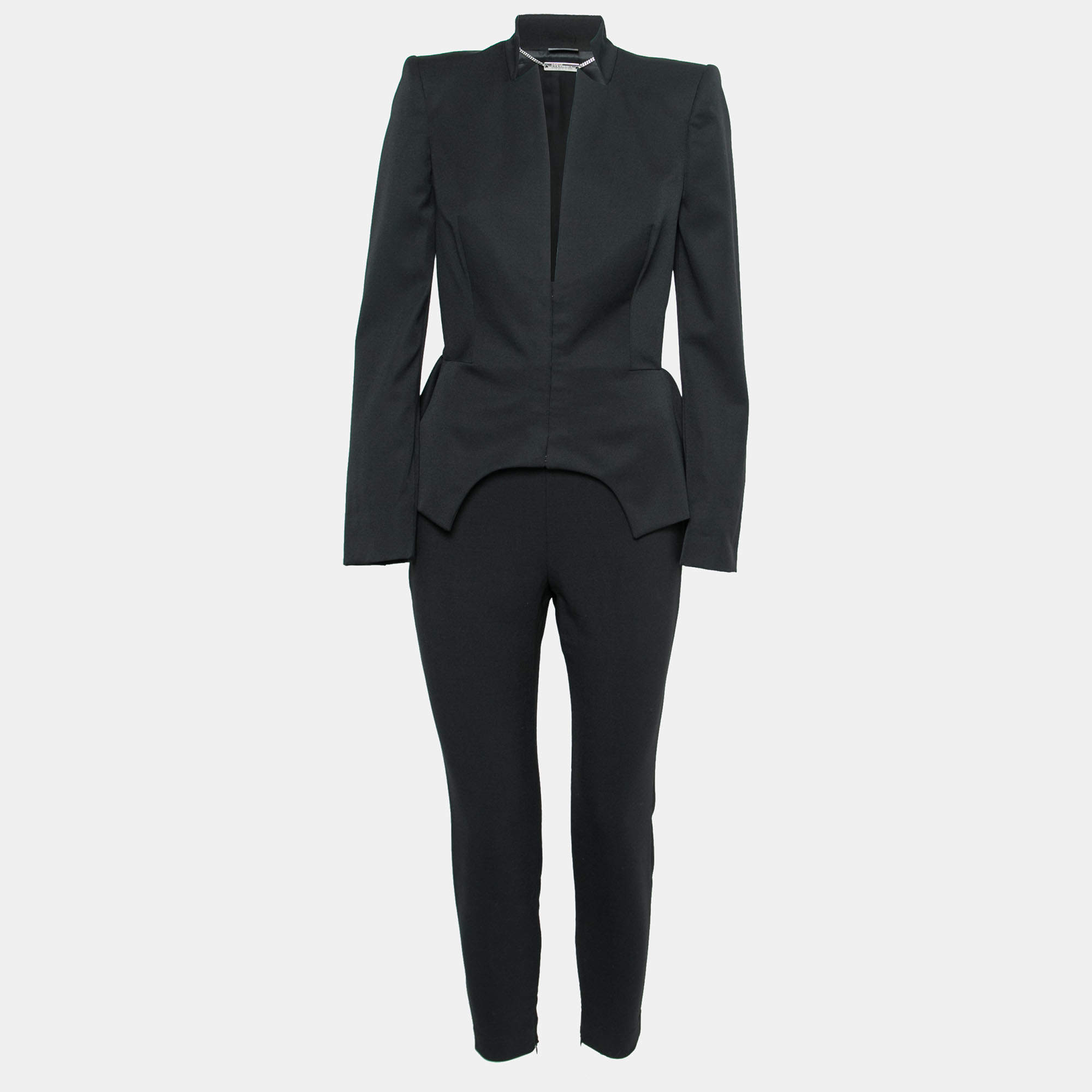 Alexander McQueen Black Wool Asymmetric Hem Peplum Blazer & Pant Suit M